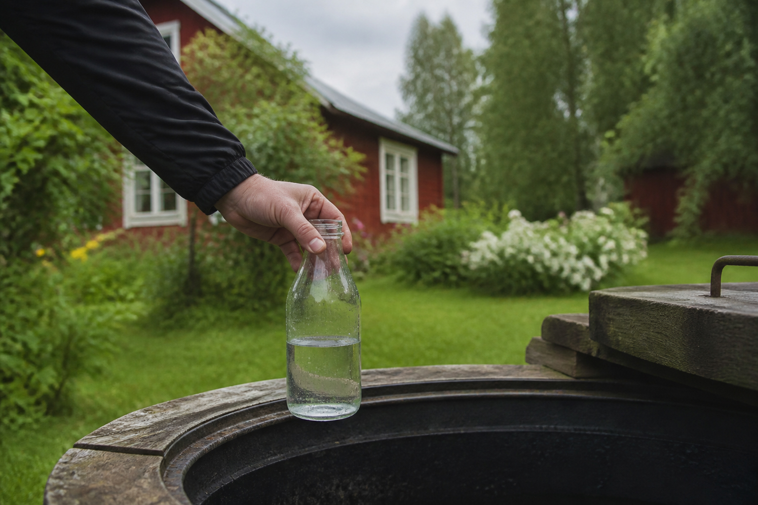 Kaivon näytteenotto ja vesianalyysipullo pihalla